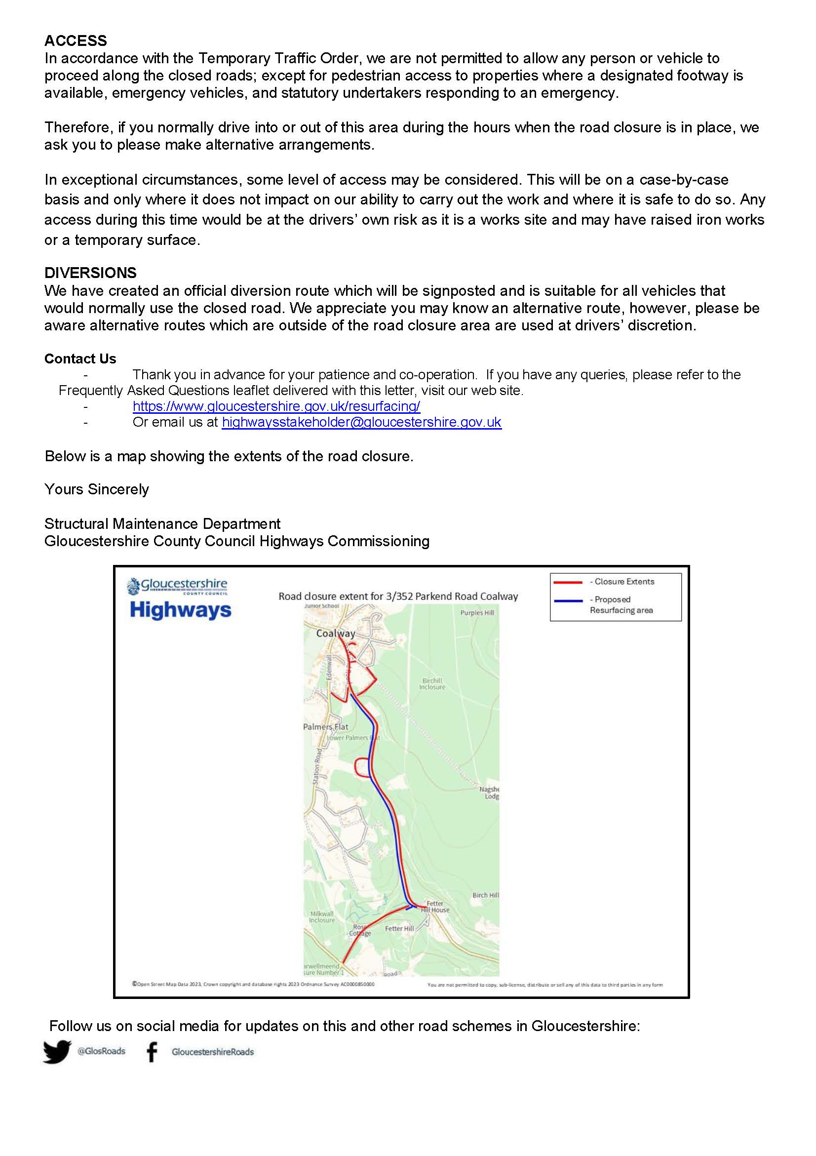 Parkend Road, Coalway - Thursday 12th February to Thursday 26th of February 2026. Contact Gloucestershire Highways 08000 514514 or highwaysstakeholder@gloucestershire.gov.uk for more info 